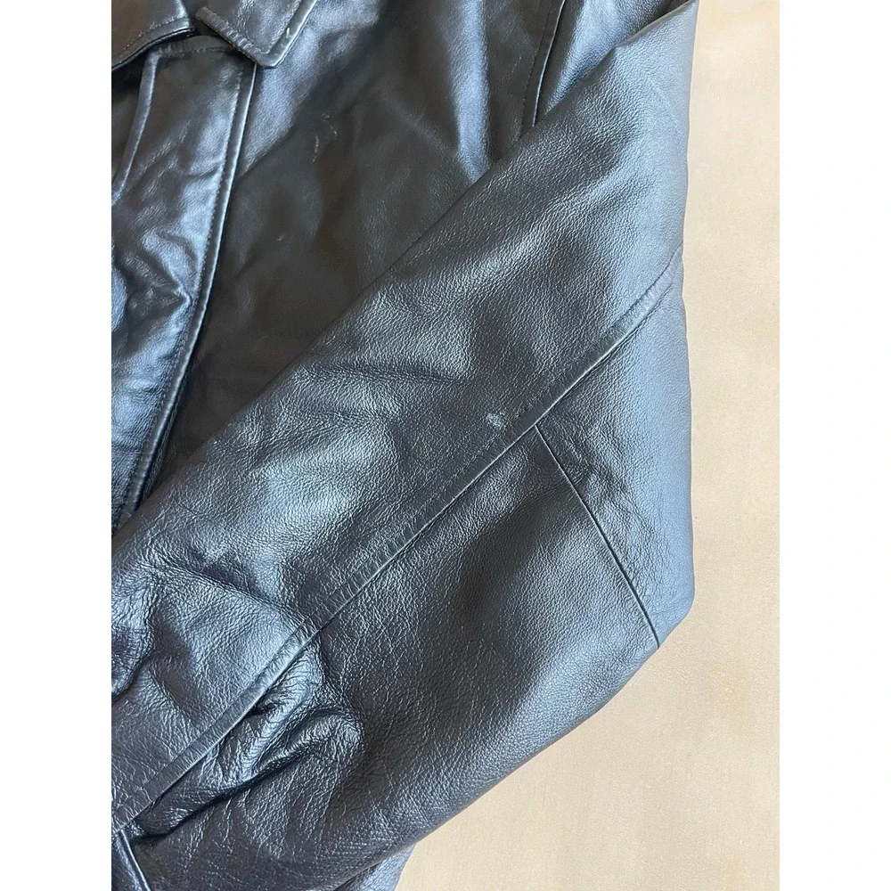 VTG Y2K Kids Russell Scott Black Genuine Leather Bomber Jacket - Size 10/12